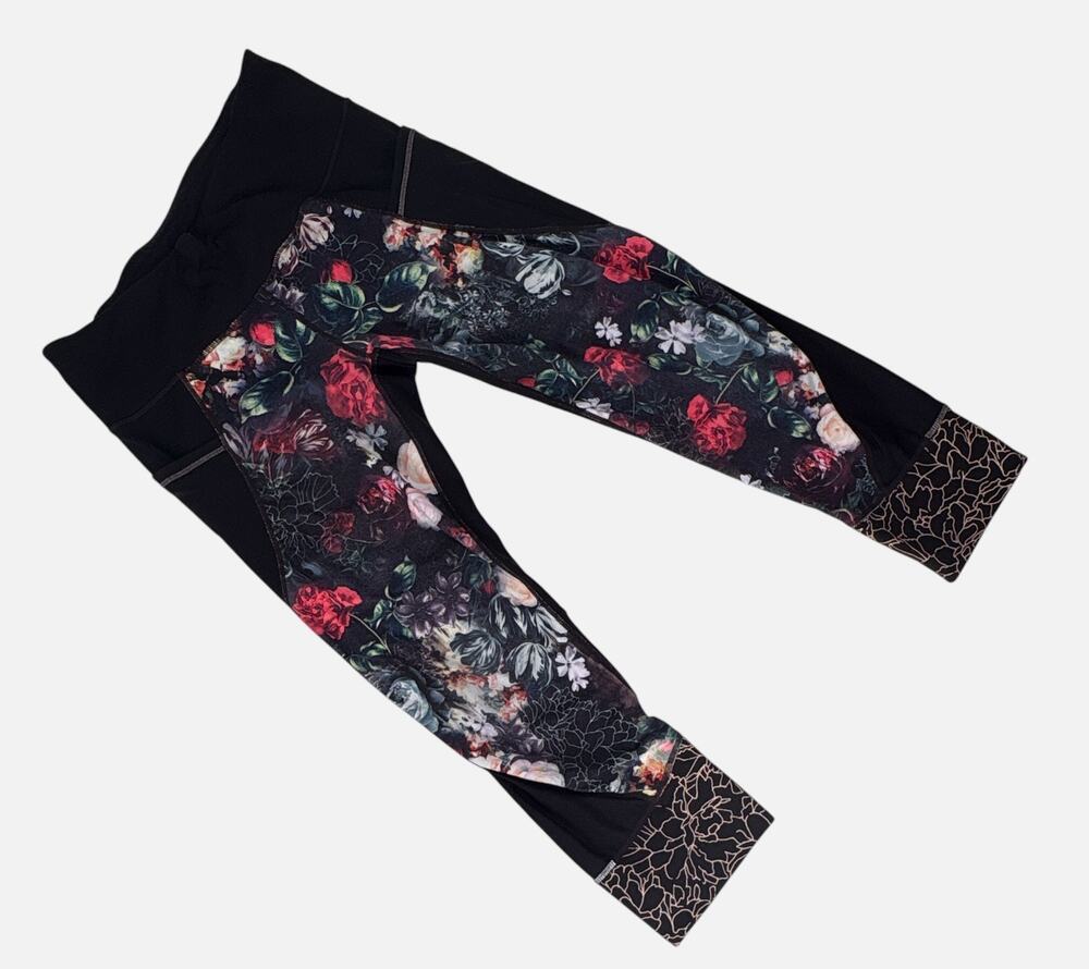 Athleta Black Floral Capri Leggings Women MED Orchid Relay Crop Yoga Pant